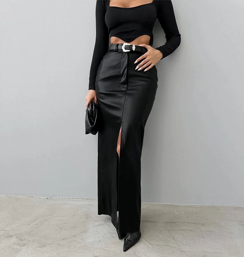 Fashionable Leather Slit Slim Fit Long Skirt