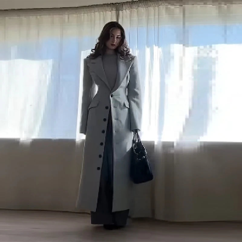 Elegant Woolen Lapel Long Coat