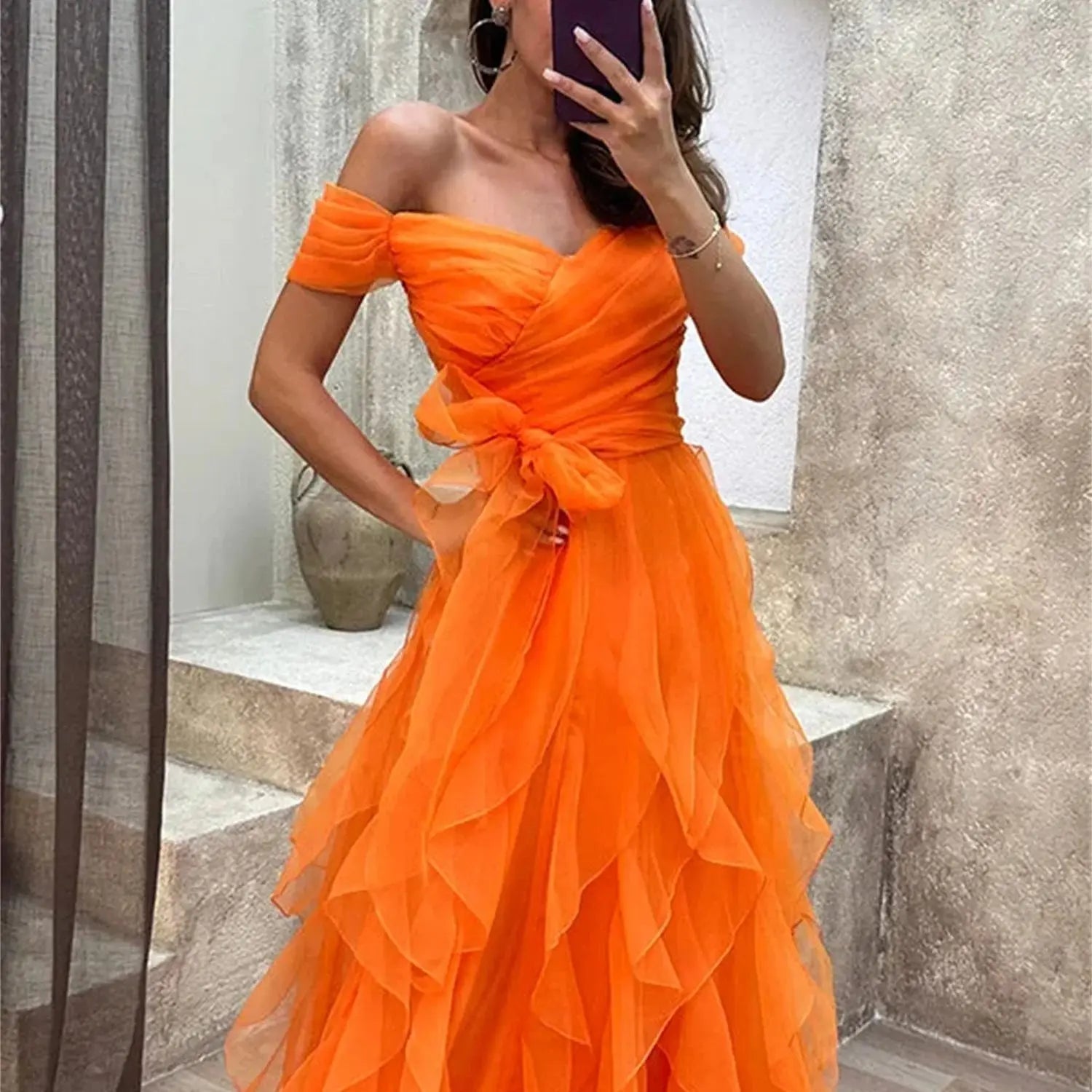 Elegant Orange Short Sleeve Evening Dress