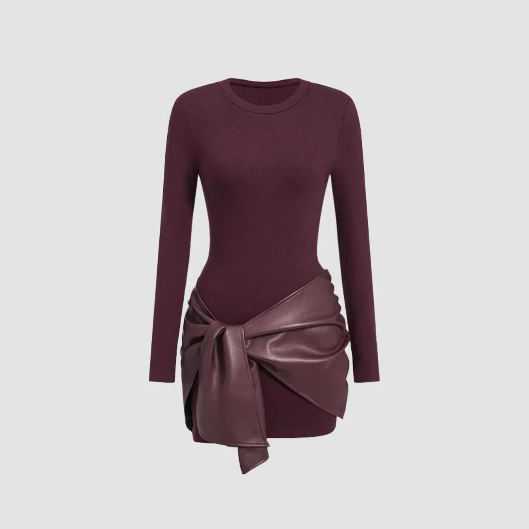 Long Sleeve Mini Dress with PU Front Buckle