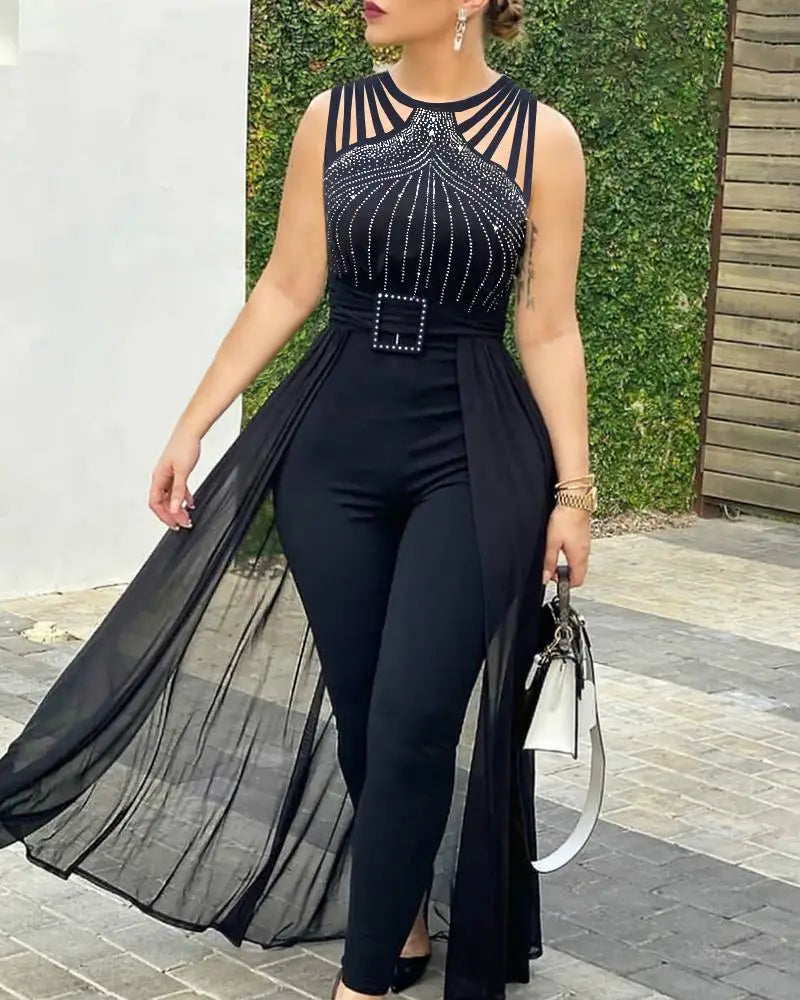 Sexy Rhinestone Sheer Mesh Jumpsuit Women