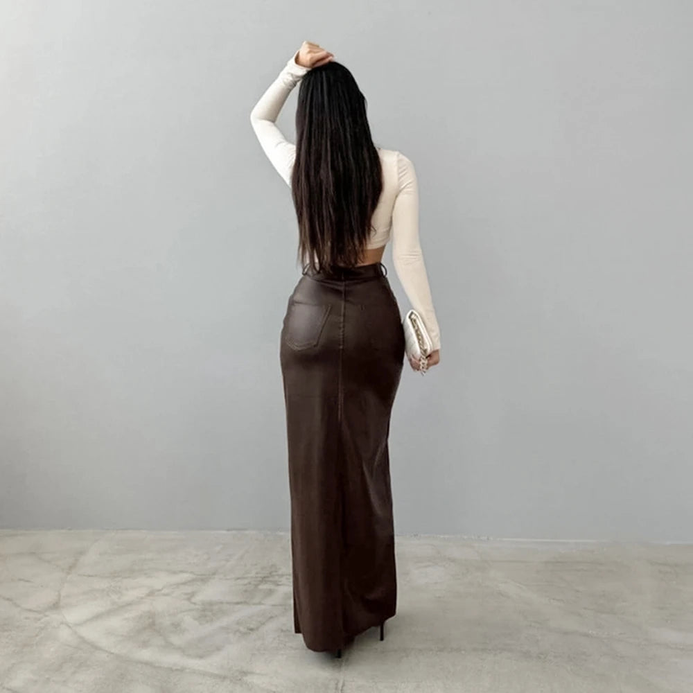Fashionable Leather Slit Slim Fit Long Skirt
