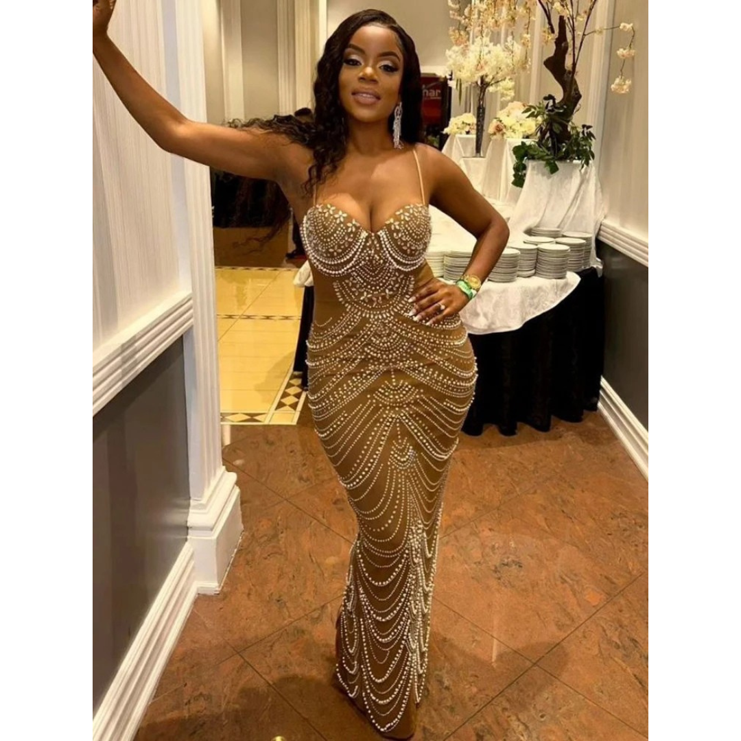 Sparkly Rhinestone Pearl Evening Gown Women