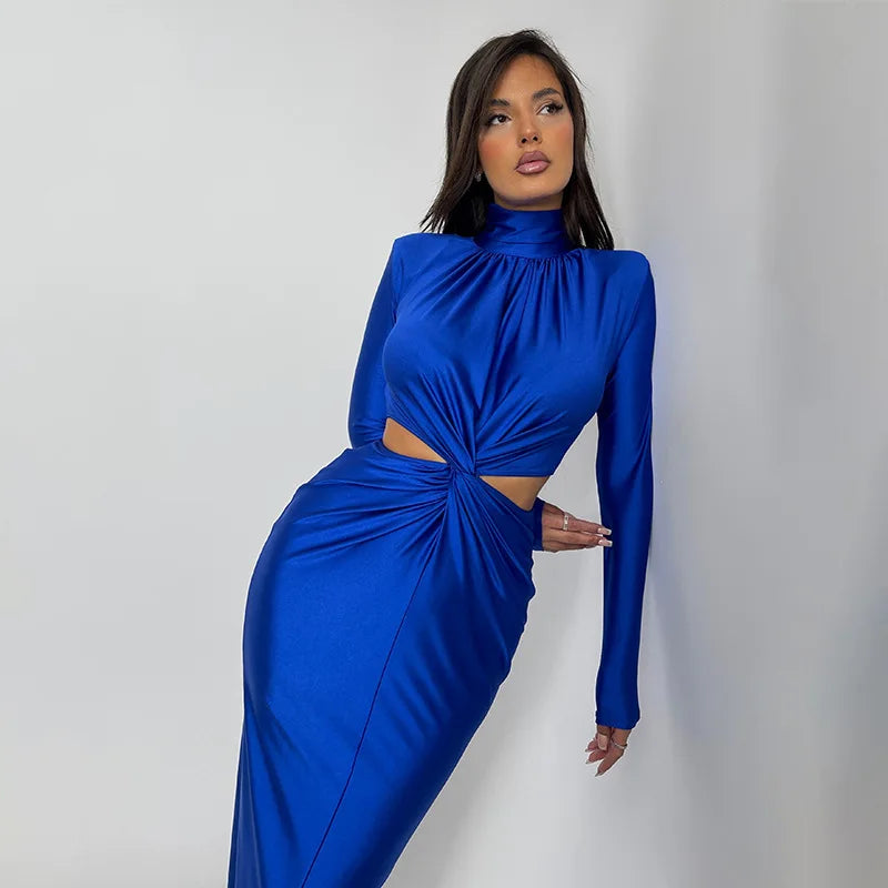 Elegant Hollow Out Turtleneck Maxi Dress