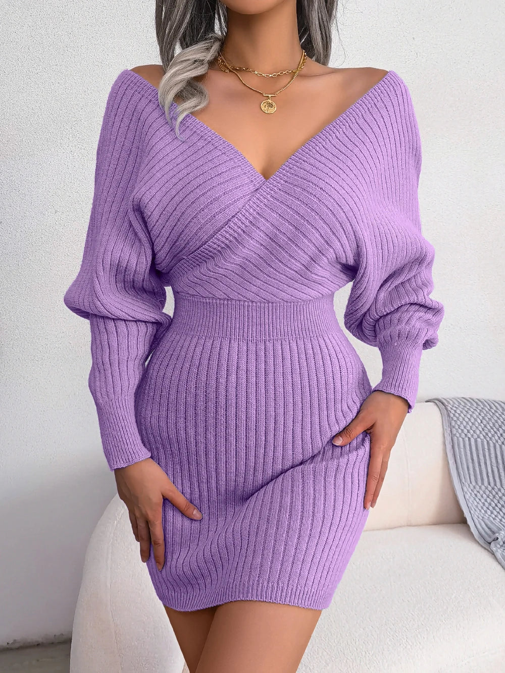 V-Neck Bodycon Sweater Dress