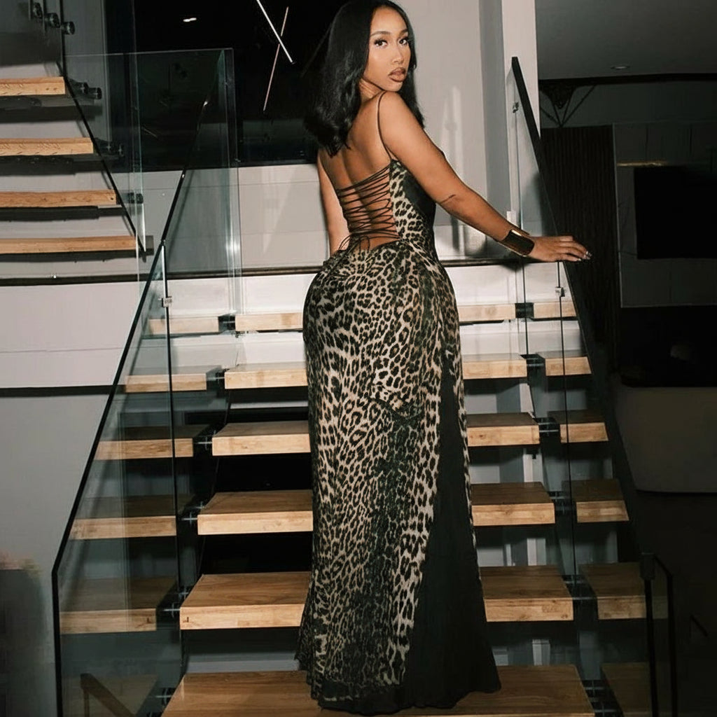 Leopard Print Strapless Long  Dress