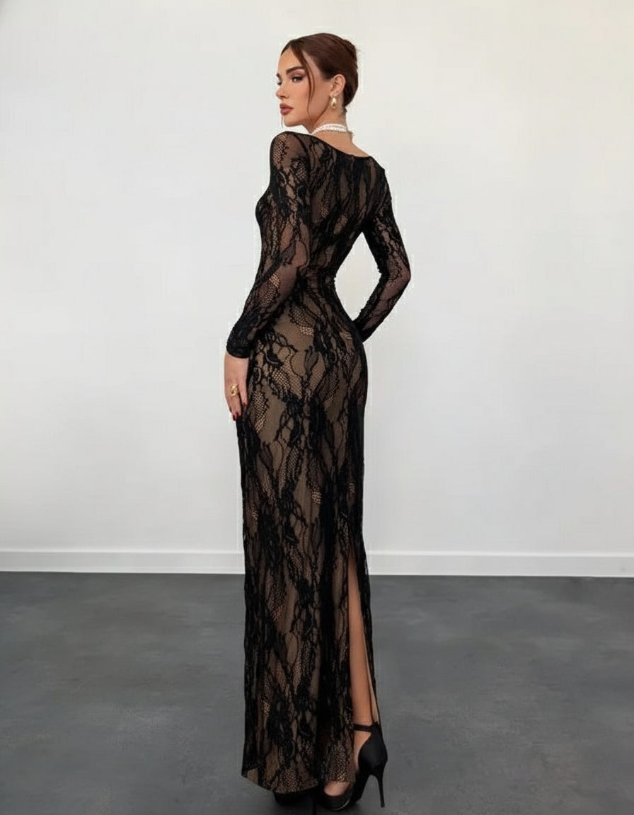 Women's  Elegant Lace Trim Long Dress