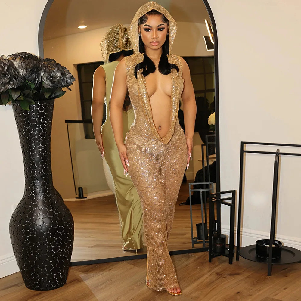 Sexy Deep V Sequin Hooded Maxi Dress