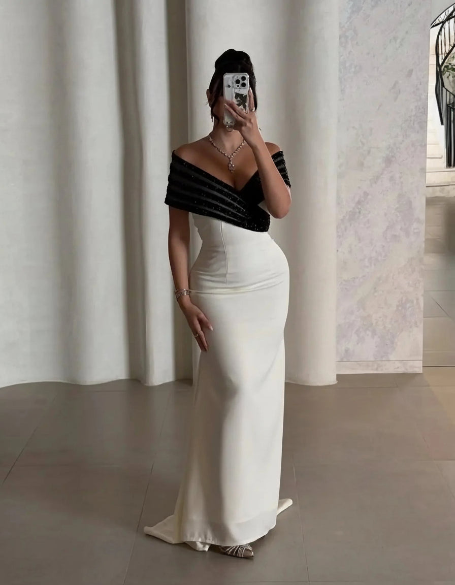 Elegant Off Shoulder White/Black  Mermaid Dress