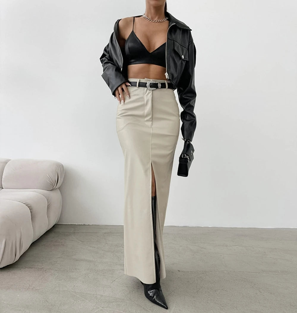 Fashionable Leather Slit Slim Fit Long Skirt