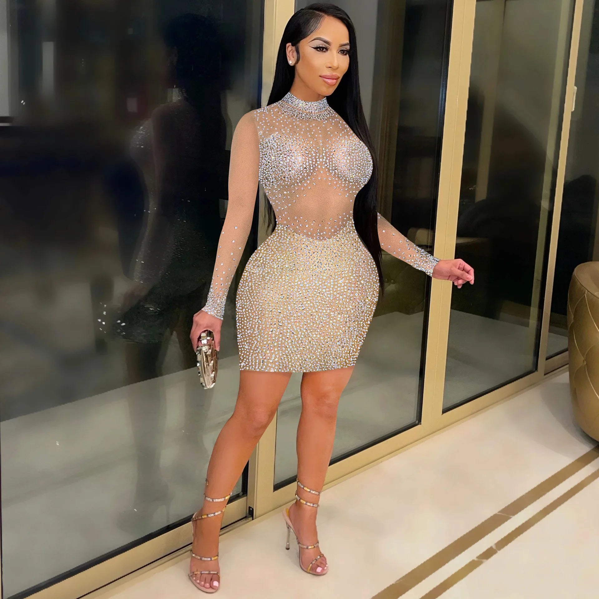 Crystal Diamonds Mesh Sheer  Bodycon Dress