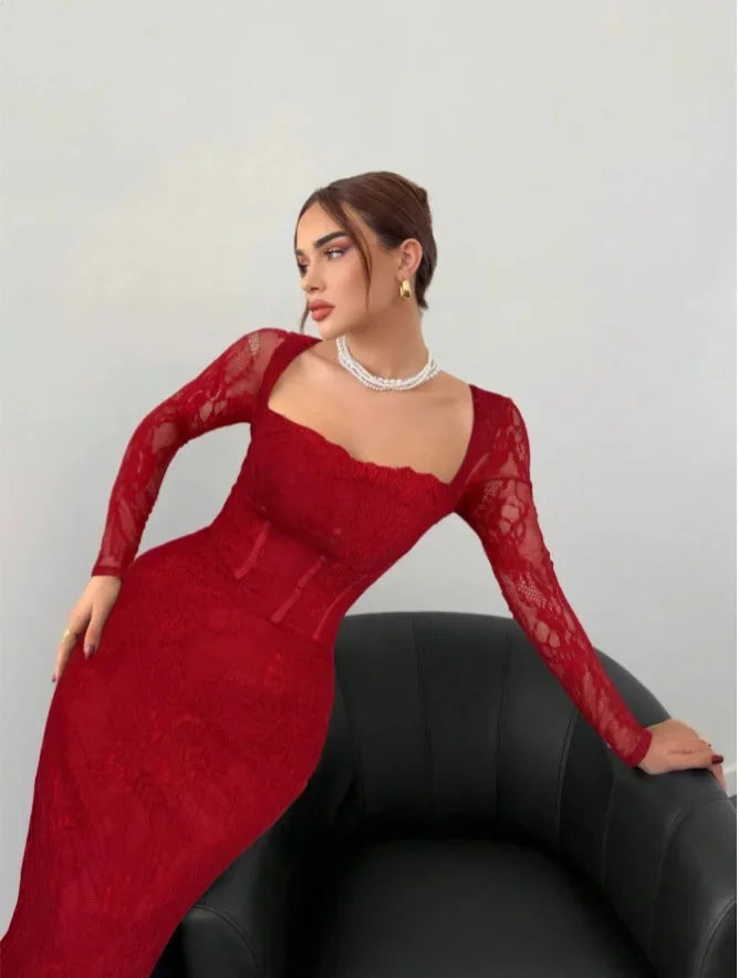 Women's  Elegant Lace Trim Long Dress