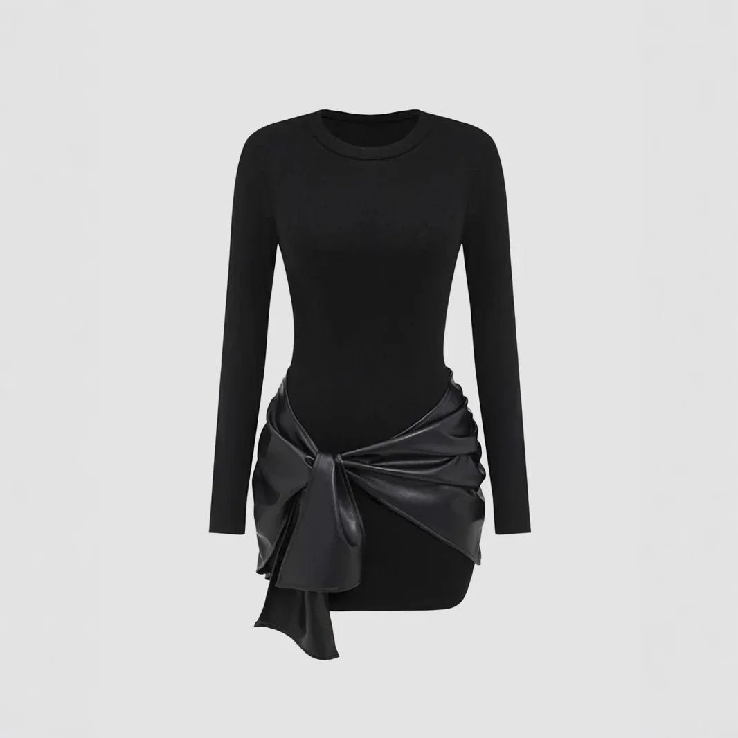 Long Sleeve Mini Dress with PU Front Buckle