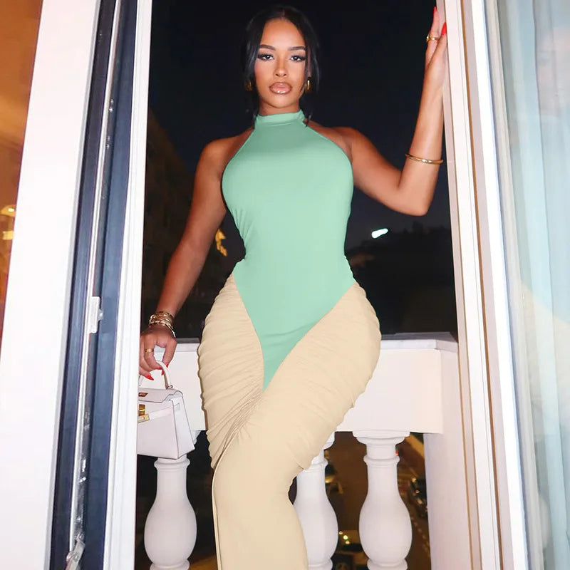 Sexy Contrast Patchwork Halter Maxi Dress