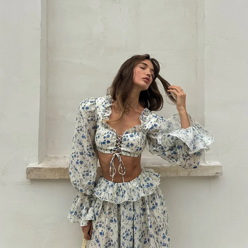 Floral Shirt Trouser Set Puff Sleeves