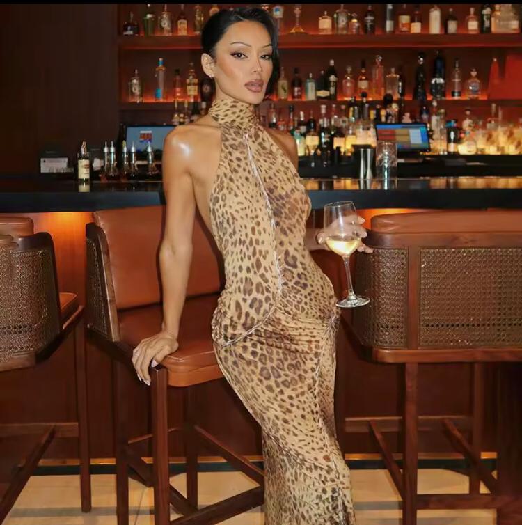 Leopard Print Hollow Plait Halter Dress