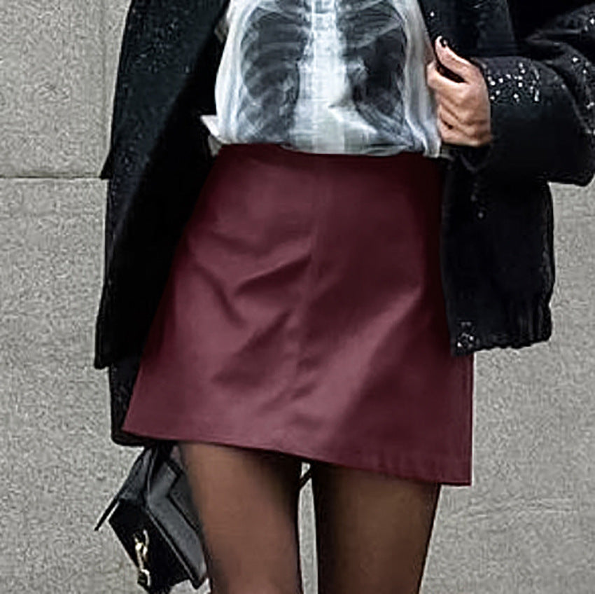 Wine Red Retro Leather Skirt