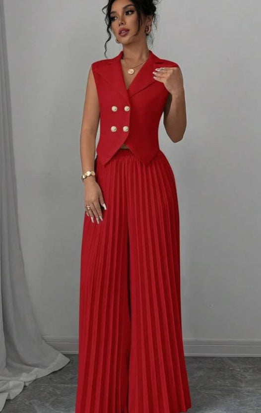 Sleeveless Lapel & Pleated Pants Two-Piece Set