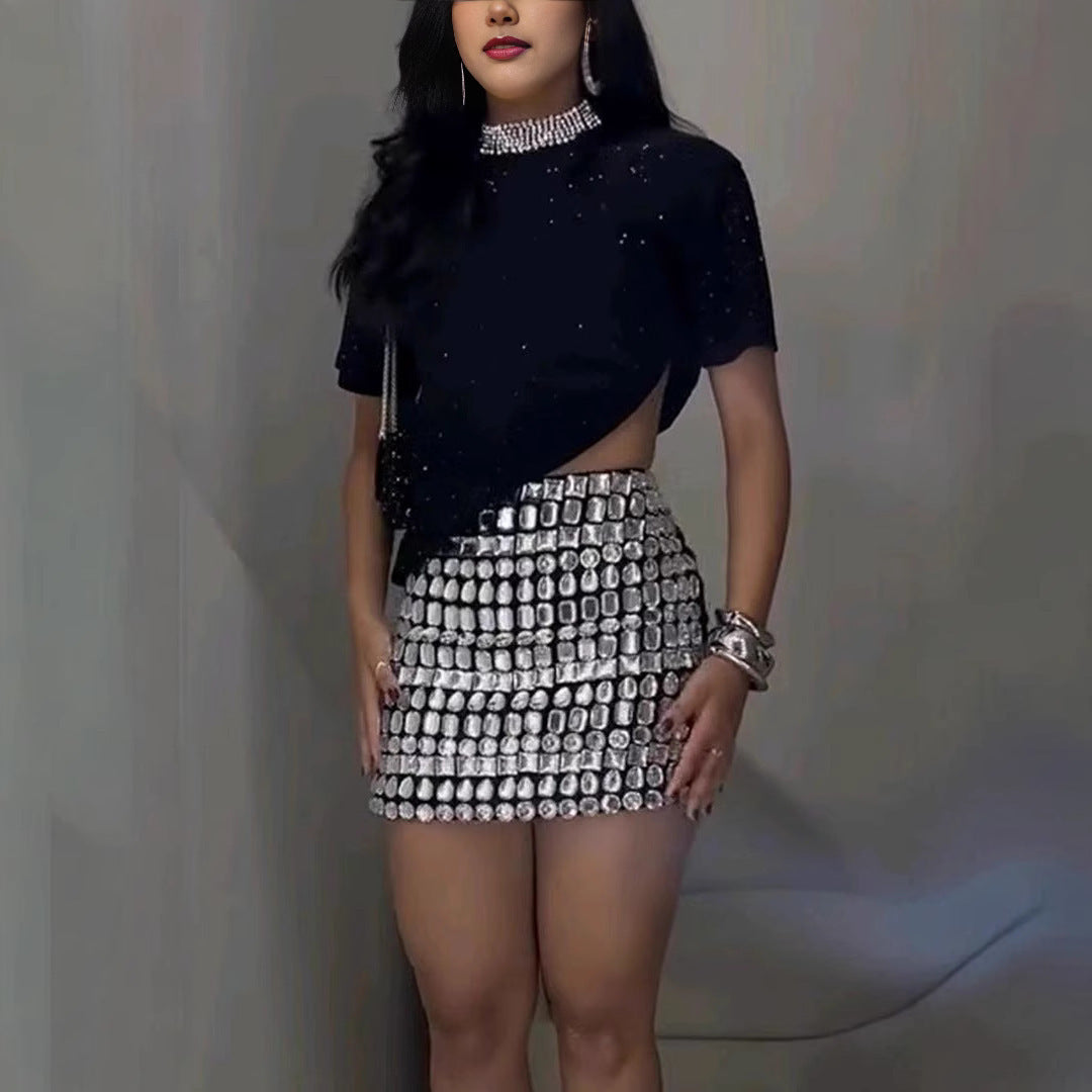 Rhinestone Short-Sleeve Skirt Suit