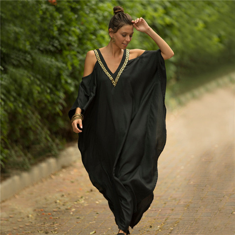 Faux Rayon Embroidered V-Neck Dress