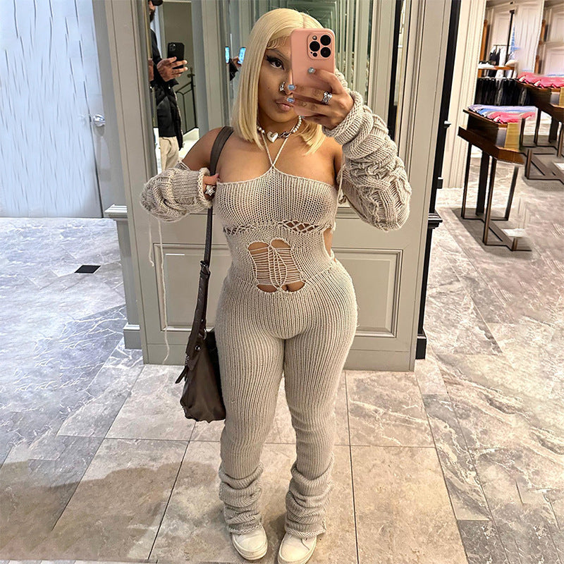 Wool Sleeve Backless Lace-up Jumpsuit