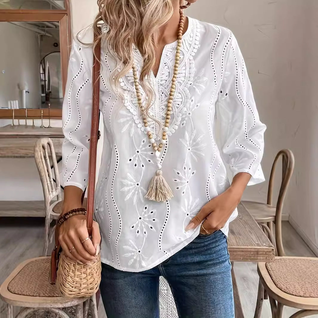 Loose V-neck  Embroidered Bell Sleeve Lace Top