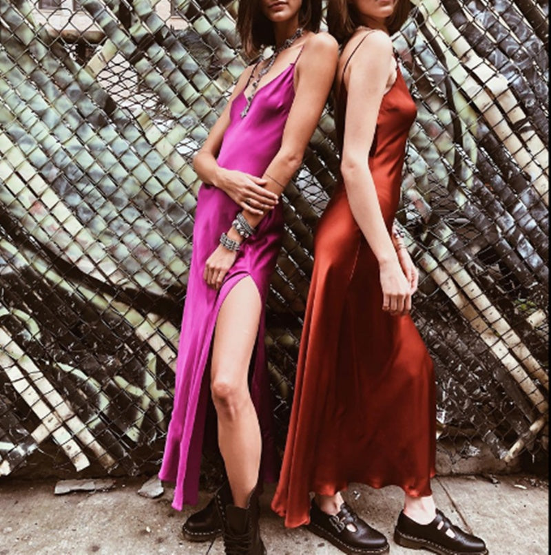 Satin Backless Slit Maxi Dress