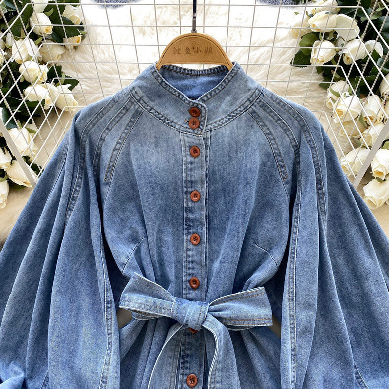 Lace-Up Puff Sleeve Denim Top