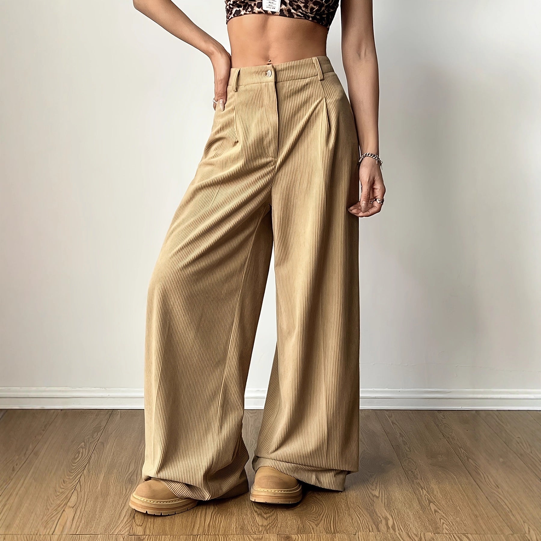 High-waisted Vertical-striped Wide-leg Pants
