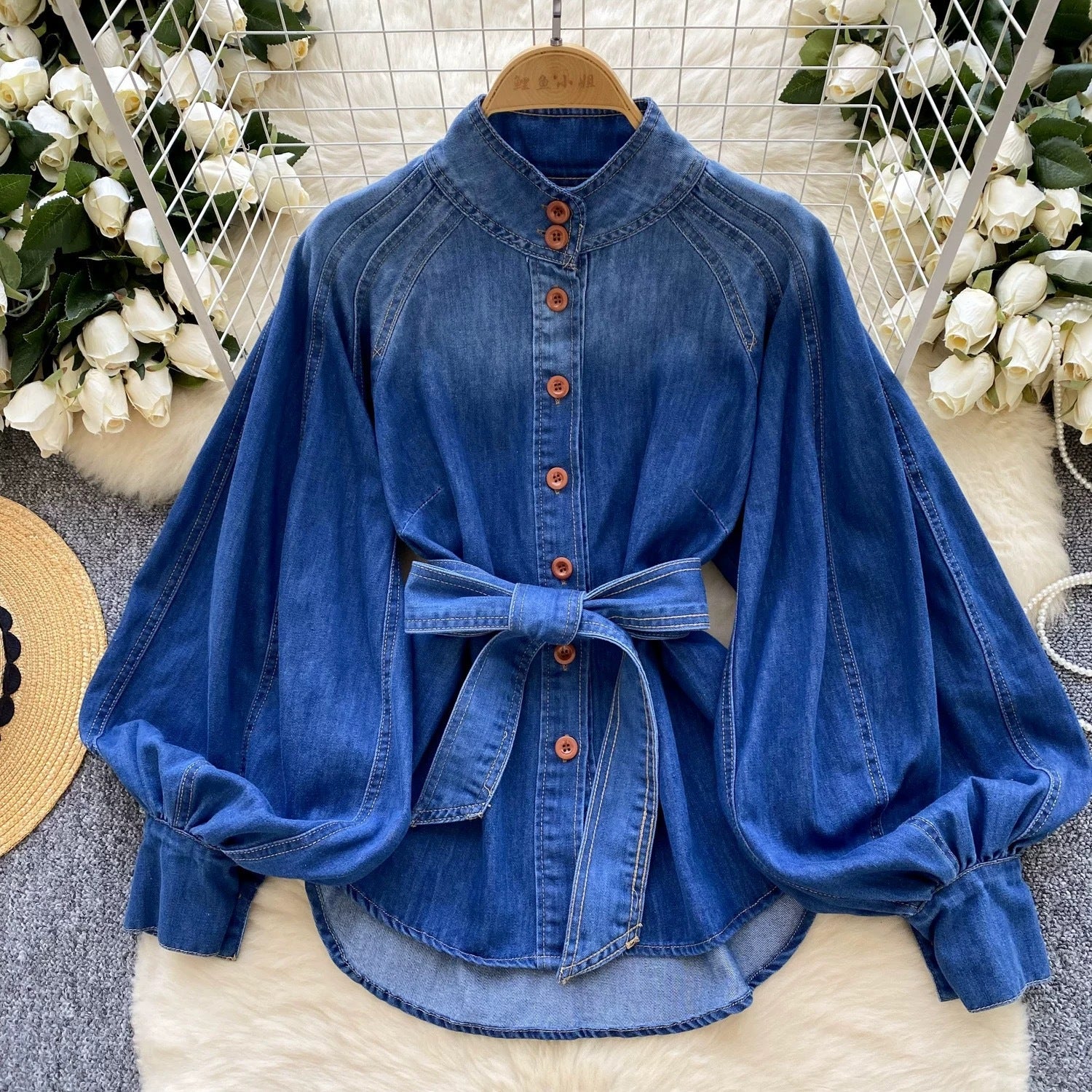 Lace-Up Puff Sleeve Denim Top