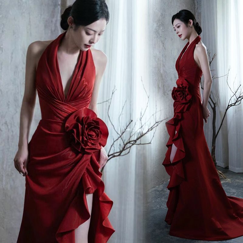 Wine Red Halter Wedding Dress
