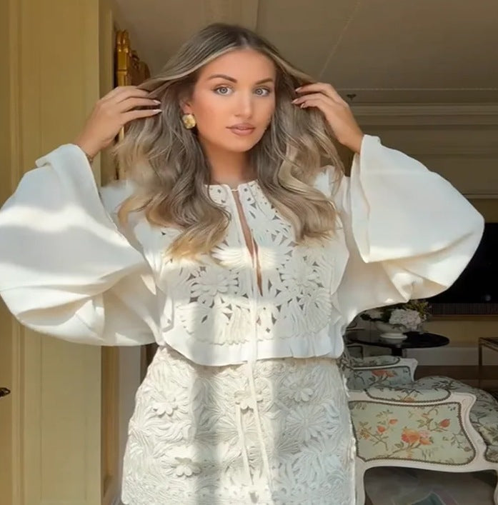 Hollow Embroidered Bell Sleeve Outfit
