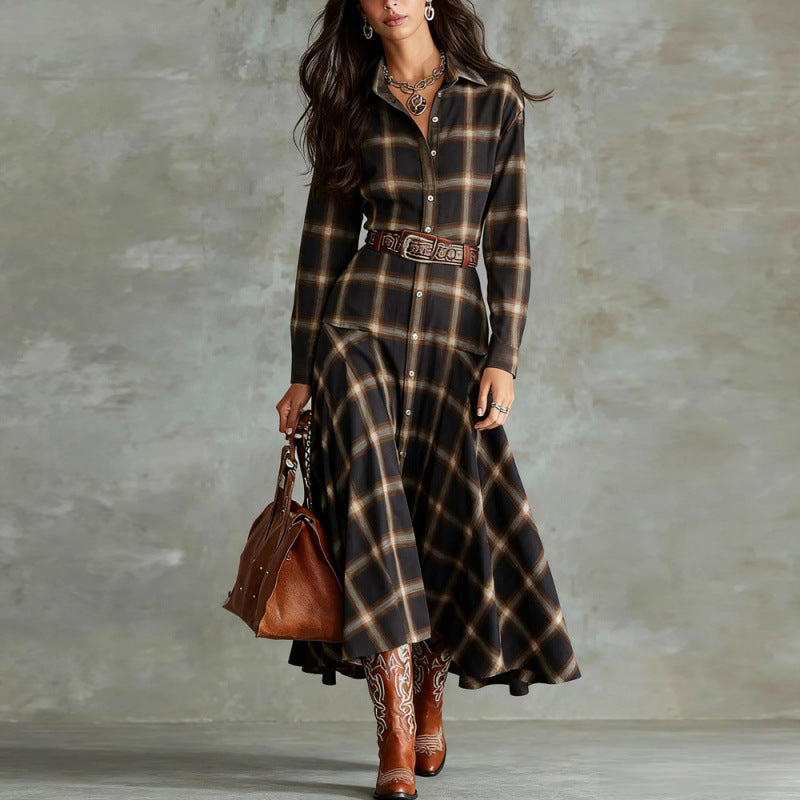 Retro Plaid Long Sleeve Shirt Dress