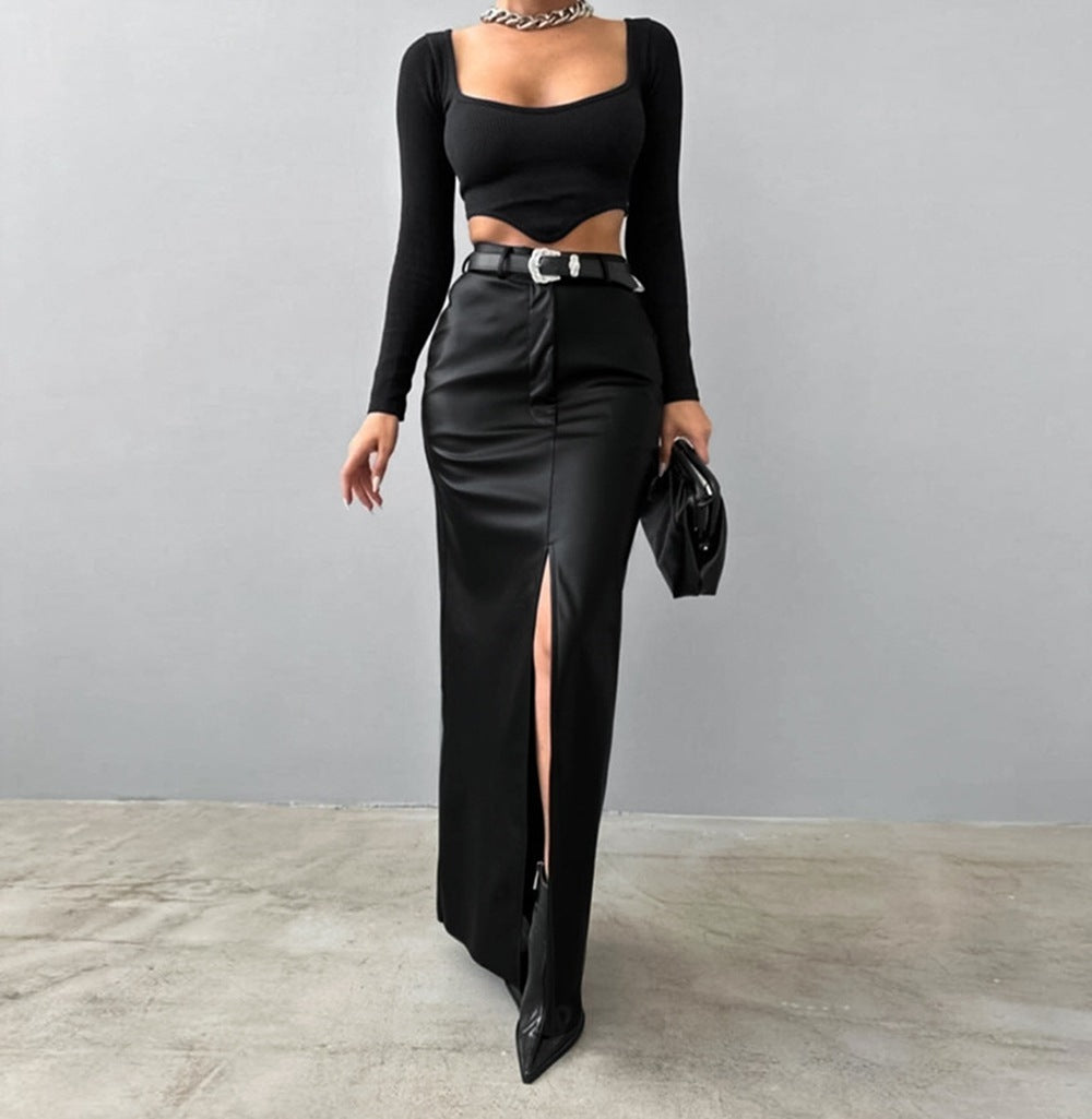 Elegant High Waist Leather Skirt