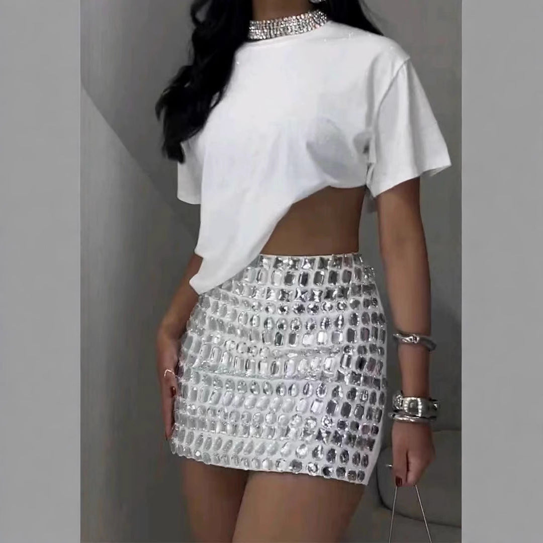 Rhinestone Short-Sleeve Skirt Suit