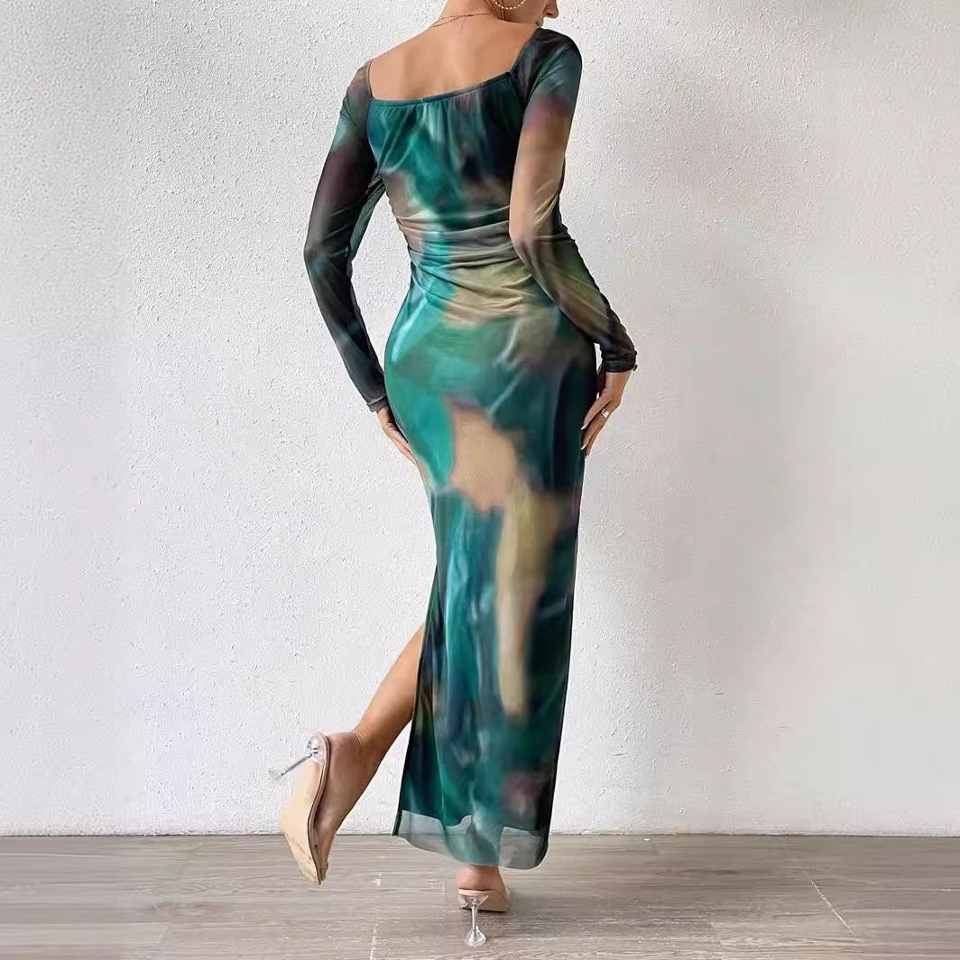 Printed Pleated Sexy Tight Split Square Collar Dress