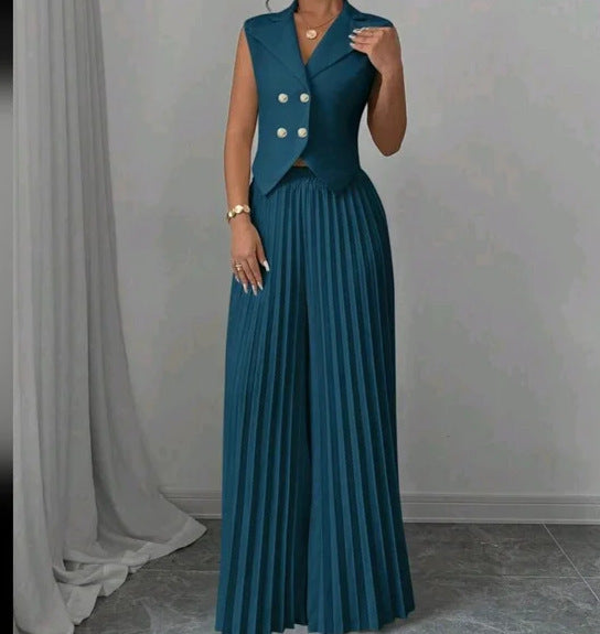 Sleeveless Lapel & Pleated Pants Two-Piece Set