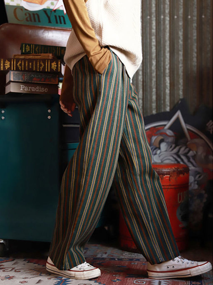 High-Waist Green Striped Wide-Leg Pants