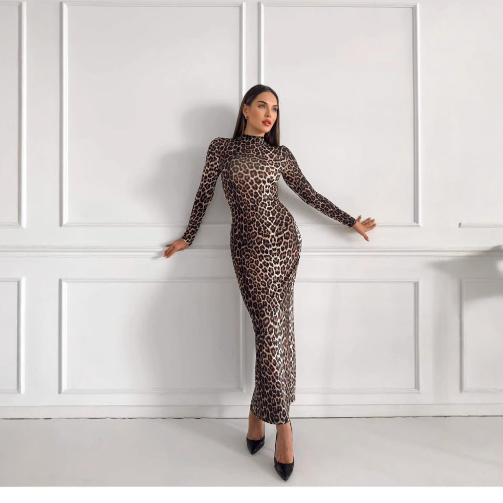 Leopard Print Long Sleeve Dress Women