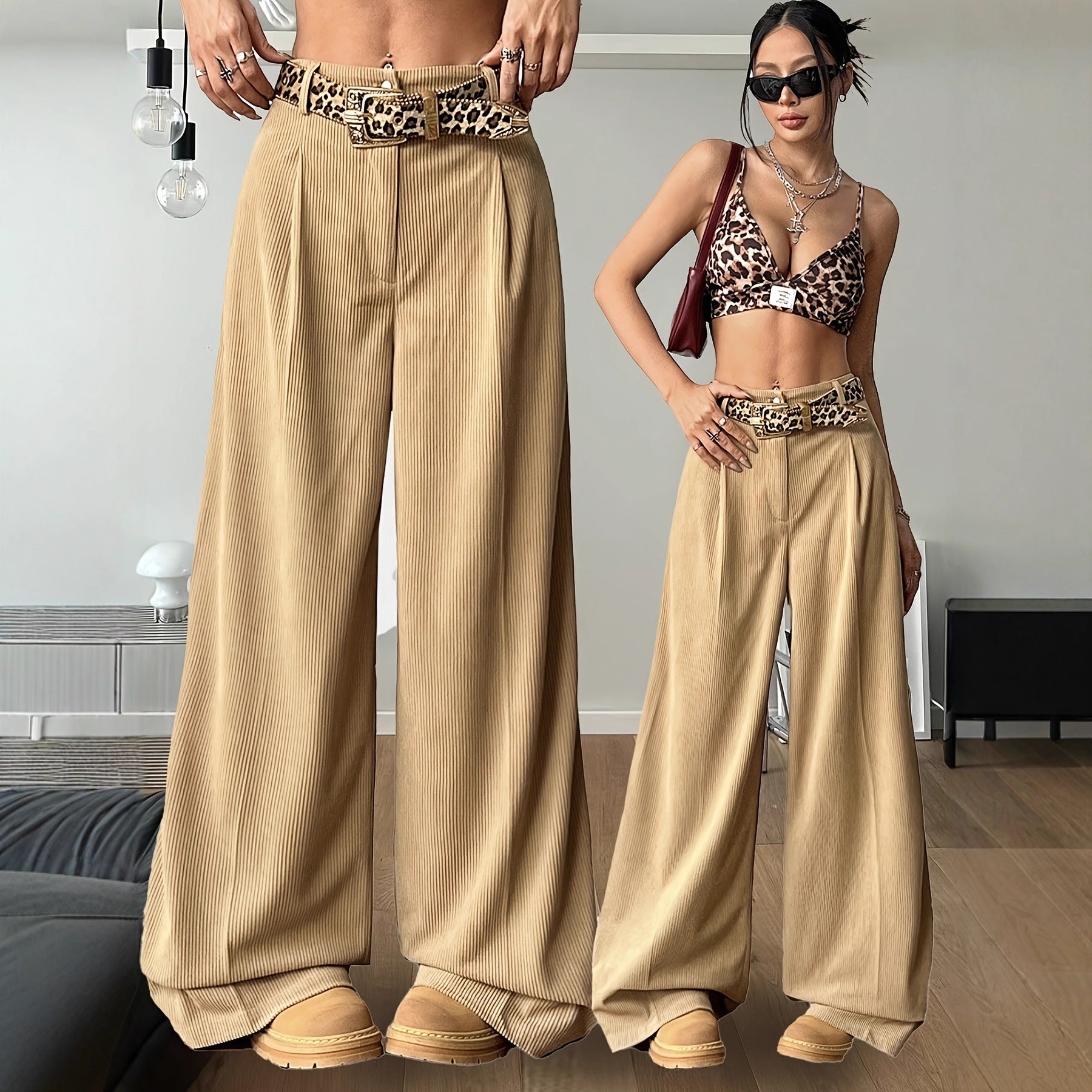 High-waisted Vertical-striped Wide-leg Pants